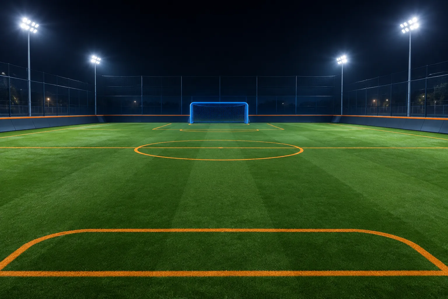 Empty car soccer pitch under stadium lights